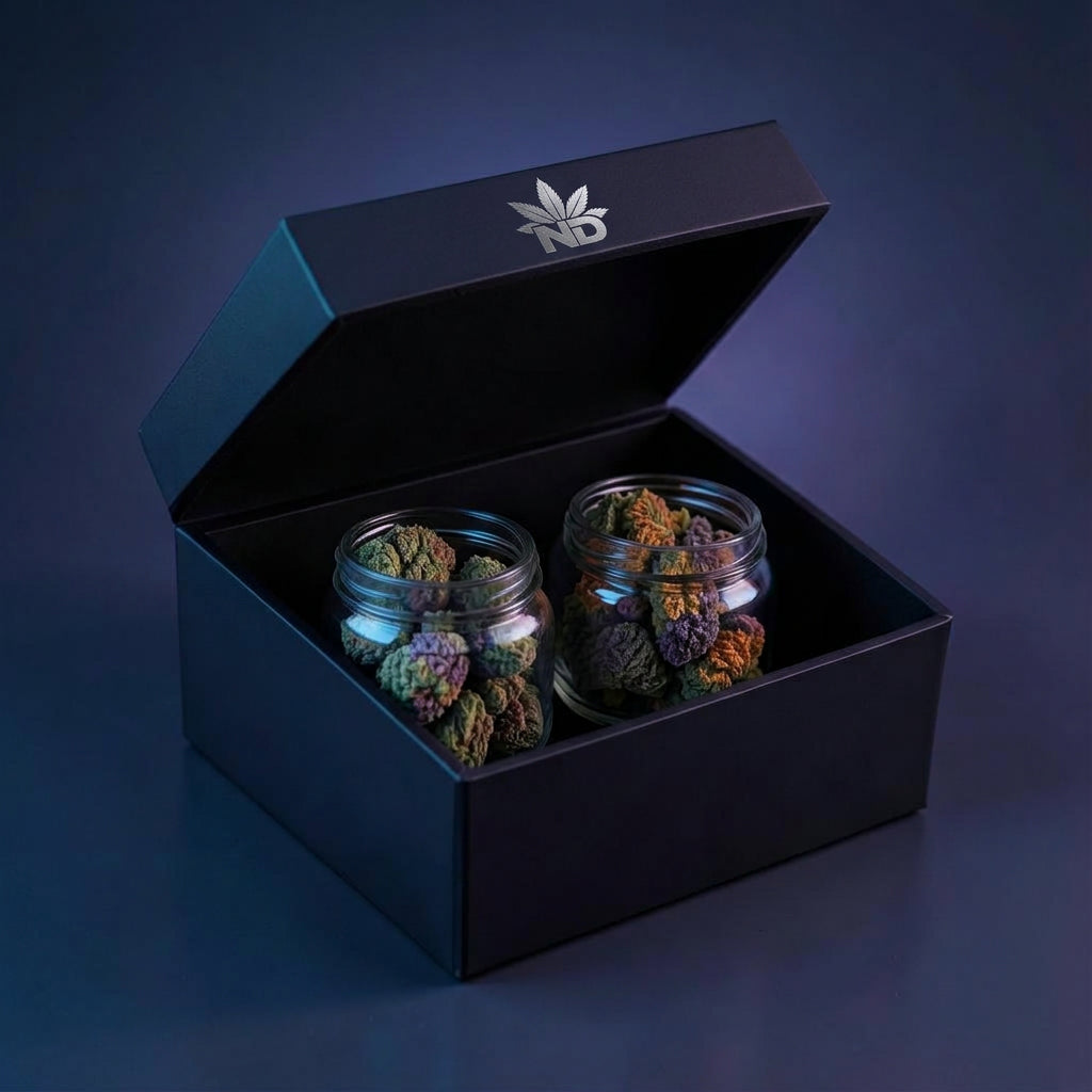 The Stash Box — Mix & Match Stash Box, matte black gift box with ND logo and premium flower jars